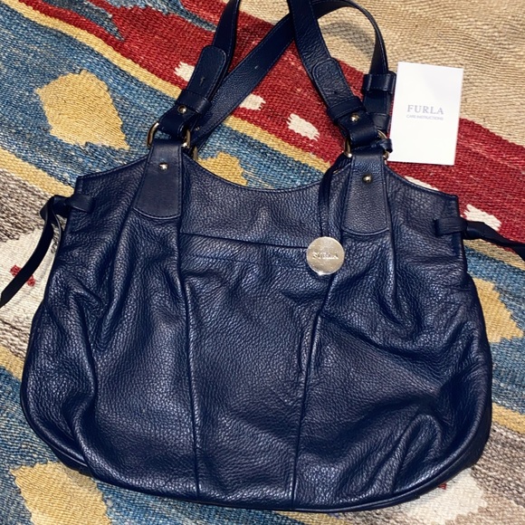 Furla Handbags - NEW FURLA Navy blue leather shoulder bag purse with card